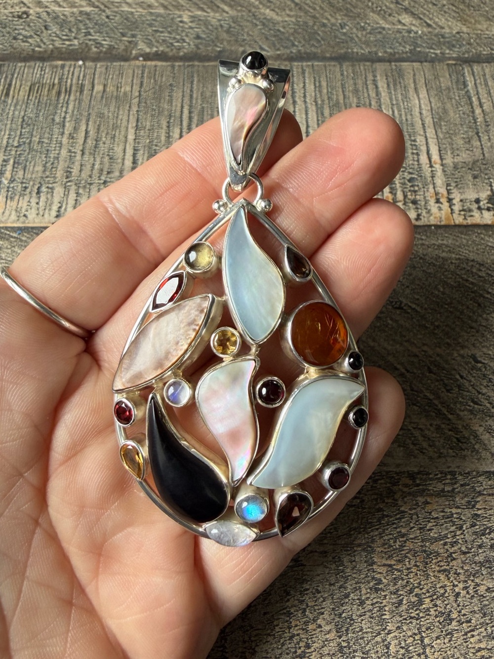 Vintage Sajen Multi-Gemstone Teardrop Sterling Silver Pendant
